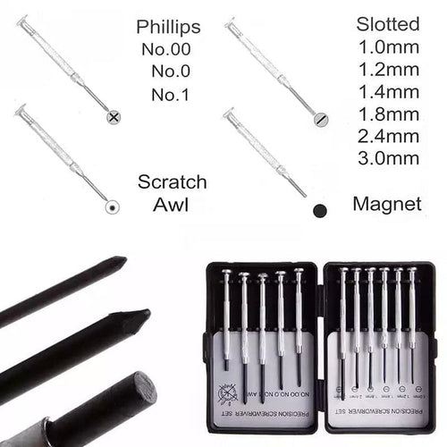 Set of 11 watch repair precision screwdrivers from That Watch Shop, includes various small screwdrivers for watch maintenance.