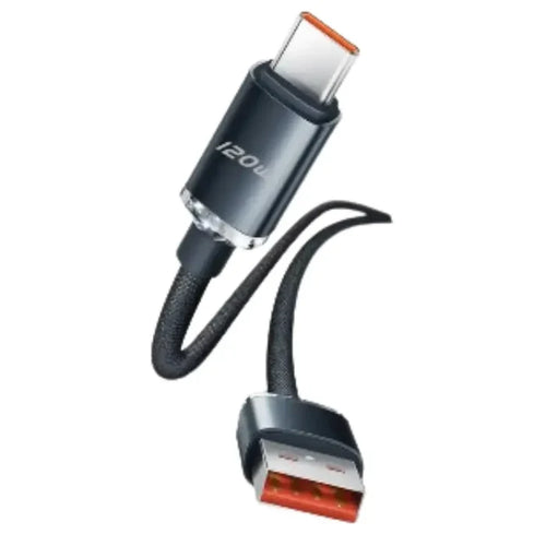 9eight5 Habicare 120W super-fast USB-C charging cable for smartphones, showing a sleek cable connected to a mobile device.
