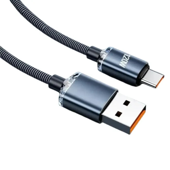 Habicare 9eight5 120W USB-C charging cable for smartphones, showing the durable black cable and USB-C connector in use.