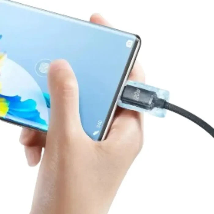 Habicare 9eight5 120W super-fast USB-C charging cable for smartphones, shown with a smartphone connected for rapid charging.