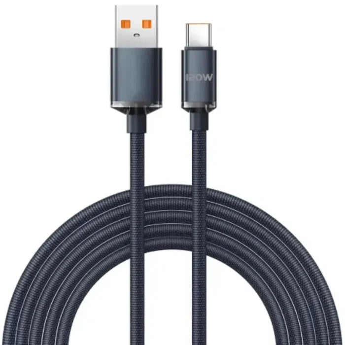 Habicare 9eight5 120W super-fast USB-C charging cable for smartphones, shown with reinforced connectors and braided design.