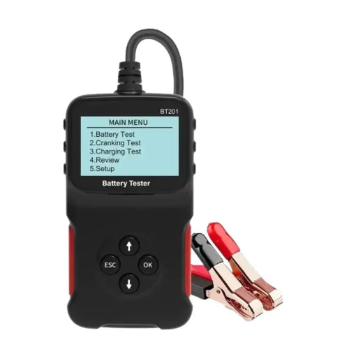Habicare 12V Car Battery Tester HBC model BT201 showing digital display and testing terminals for vehicle battery assessment