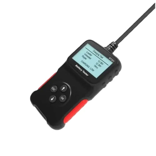 Habicare 12V car battery tester HBC model BT201 showing tester connected to a car battery for voltage check.