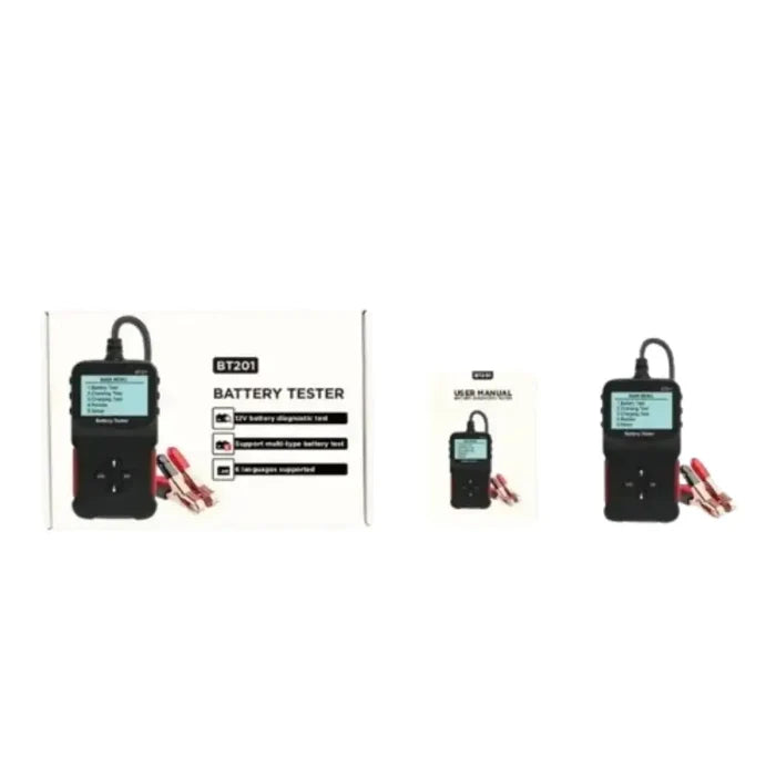 Habicare HBC 12V car battery tester showing digital display and testing probes for vehicle battery health assessment.