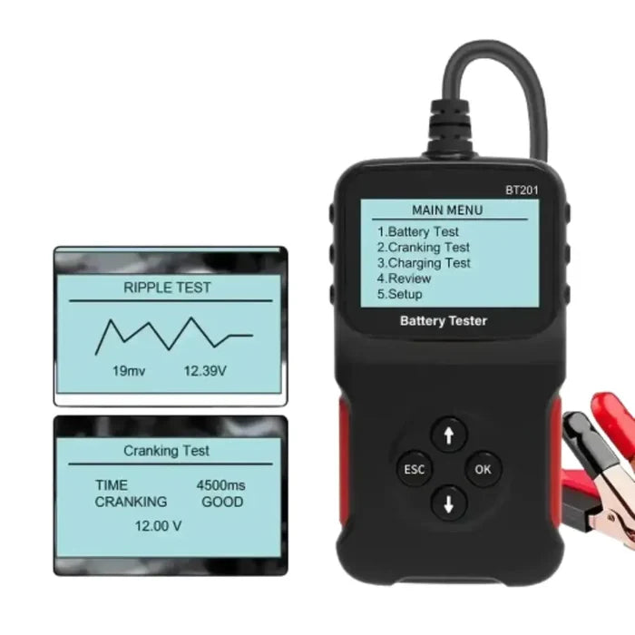 Habicare 12V Car Battery Tester HBC model BT201 showing device with digital display and testing terminals on a white background.