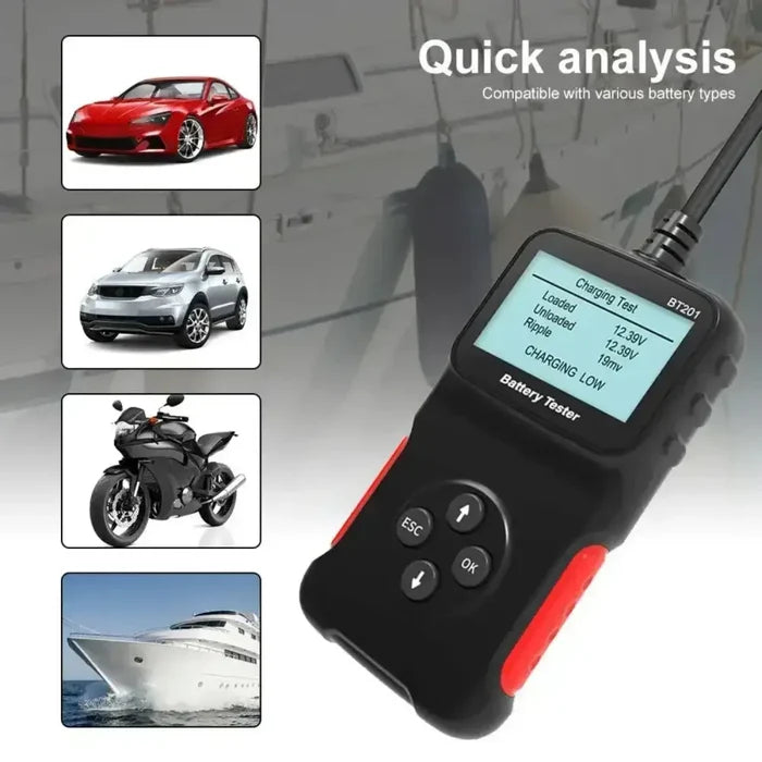 Habicare 12V Car Battery Tester HBC model BT201 showing digital display and testing probes on car battery