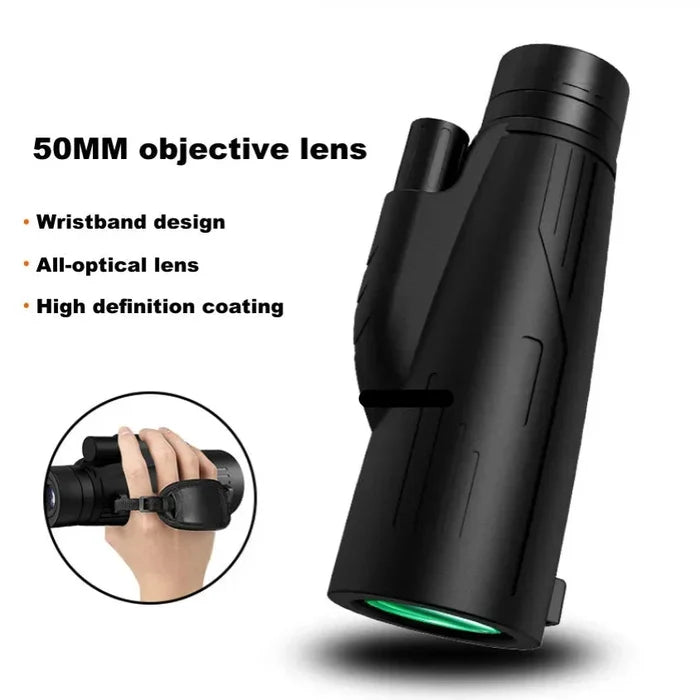 Habicare 12x50 powerful monocular telescope with long reach, portable design, ideal for outdoor viewing and nature observation.