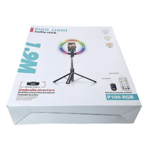 9eight5 1.9m Ring Light Selfie Stick P100RGB with adjustable light and extendable design, ideal for selfies and vlogs.