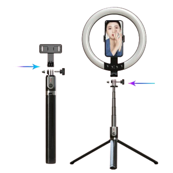 9eight5 1.9m Ring Light Selfie Stick P100RGB, adjustable selfie stick with built-in ring light for perfect lighting.