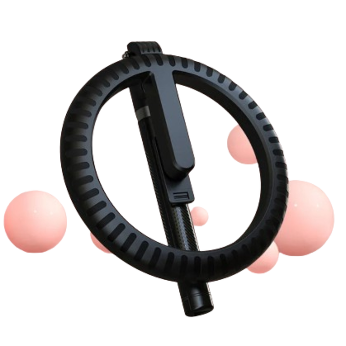 9eight5 1.9m Ring Light Selfie Stick P100RGB with adjustable height and built-in LED ring for improved selfies and video recordings.