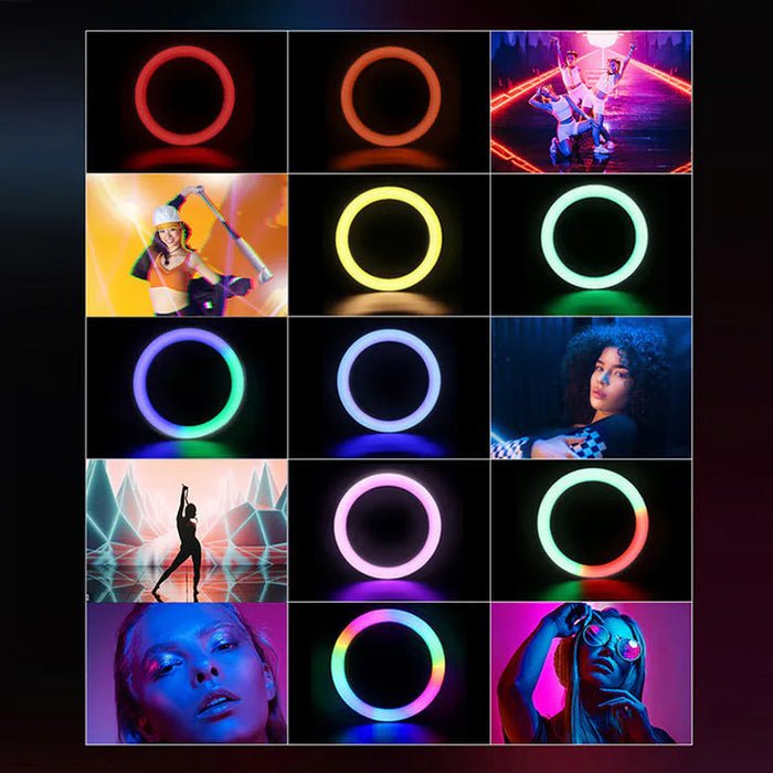 9eight5 1.9m Ring Light Selfie Stick P100RGB, adjustable length, with LED ring light for photography and video selfies.