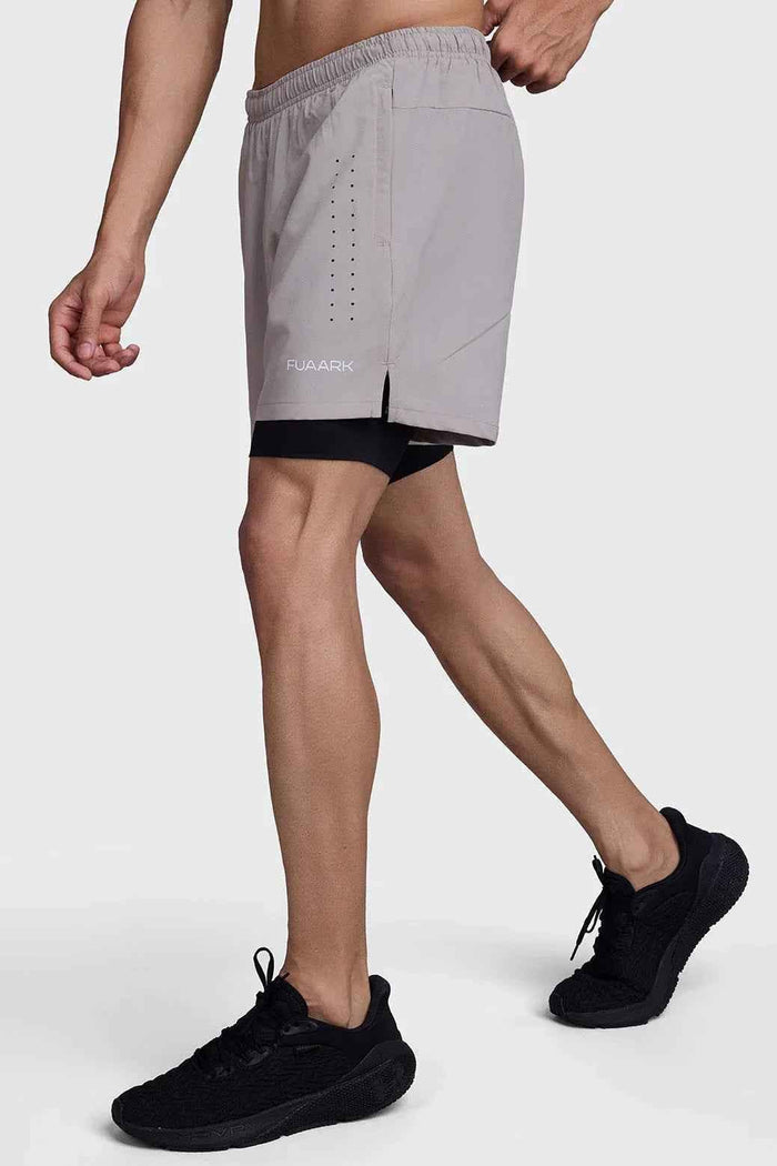 Fuaark Nz 2-in-1 laser shorts in beige with black accents, casual men's shorts with stylish layered design.