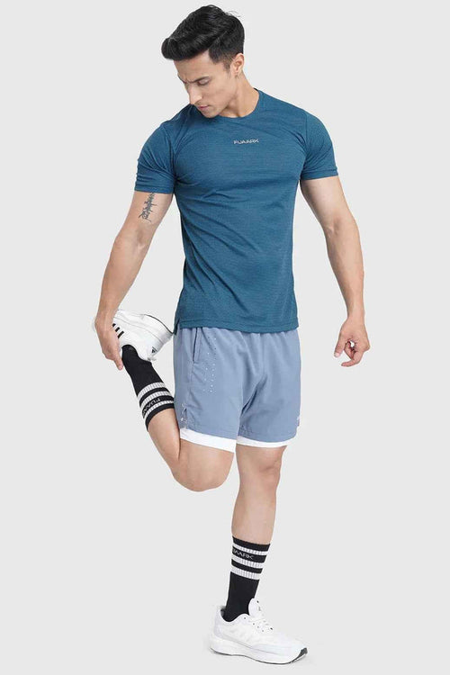 Fuaark Nz 2 in 1 Laser Shorts in raw steel fabric, featuring a sleek, modern design with a laser-cut detail and comfortable fit.