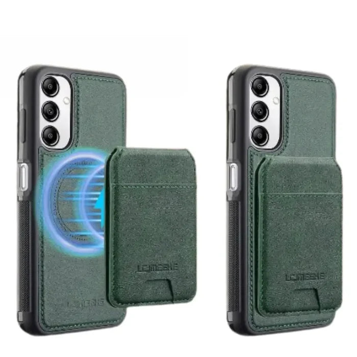 Green 9eight5 leather 2-in-1 magnetic case for Samsung smartphones, featuring a sleek design and protective cover.