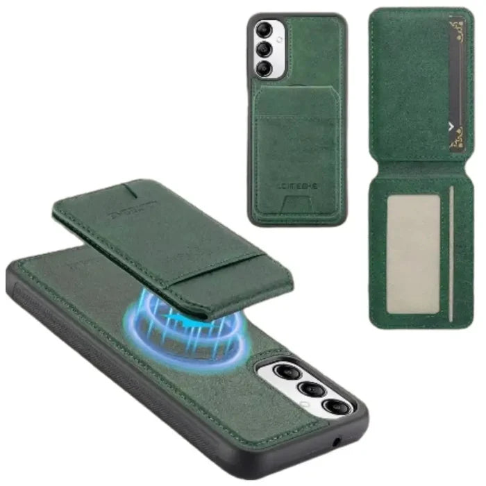 Green 2-in-1 magnetic leather case for Samsung smartphones by Habicare, featuring a sleek design and durable material.