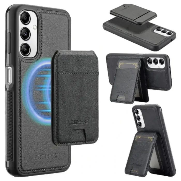 Black 9eight5 leather 2-in-1 magnetic case for Samsung Series smartphones, featuring a sleek design and durable material.