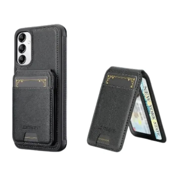 Black 9eight5 leather 2-in-1 magnetic case for Samsung devices, designed by Habicare, showing the sleek exterior and magnetic closure.