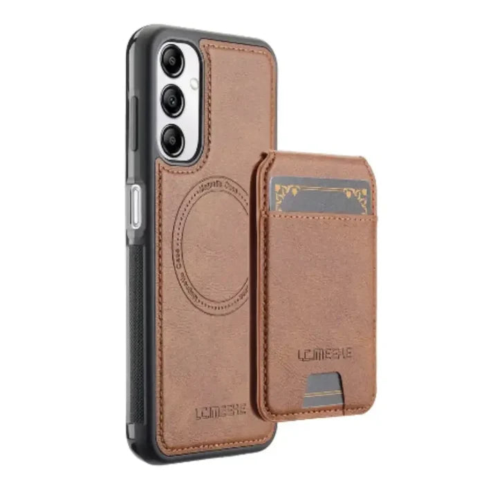 Brown 9eight5 leather 2-in-1 magnetic case for Samsung Series smartphones, featuring a sleek protective design.