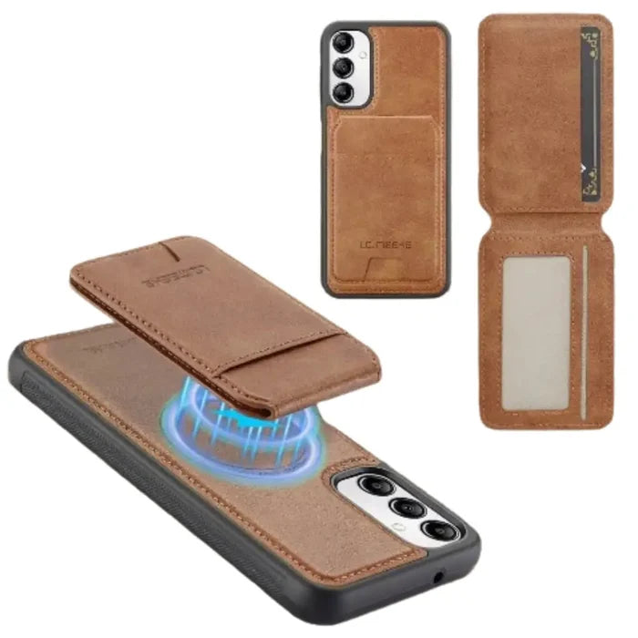 Brown 9eight5 leather 2-in-1 magnetic case for Samsung Series smartphones, featuring a durable, stylish design with precise cutouts.