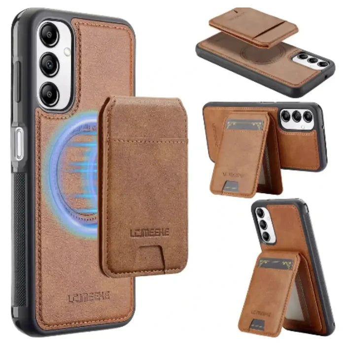 Brown 9eight5 leather 2-in-1 magnetic case for Samsung Series smartphones, featuring a sleek, protective design.