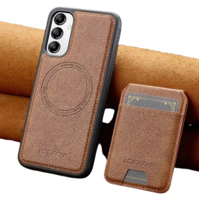 Brown 9eight5 leather 2-in-1 magnetic case for Samsung Series smartphones by Habicare, with protective flip cover.