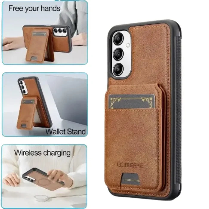 Brown 9eight5 leather 2-in-1 magnetic case for Samsung Series smartphones, featuring a sleek, protective design.