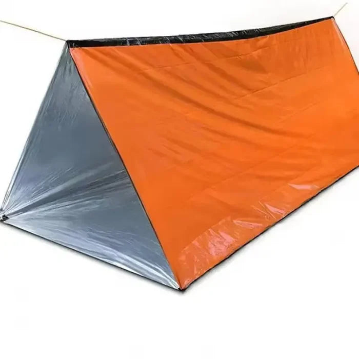 Orange Habicare 2-person emergency shelter made of durable SS material, designed for quick setup and outdoor survival protection.