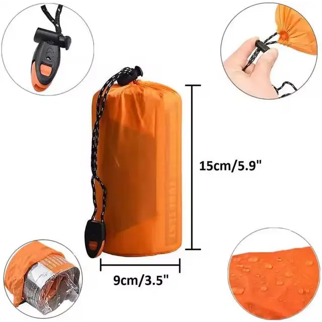 Orange Habicare 2-person emergency shelter made of lightweight SS material, designed for quick setup and outdoor survival needs.