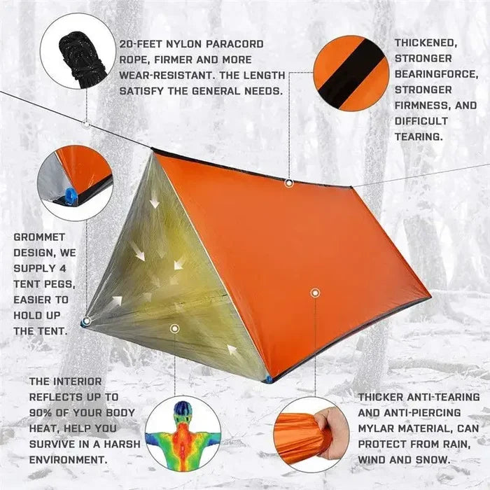 Orange Habicare 2-person emergency shelter made of lightweight SS material, designed for quick setup and survival situations.