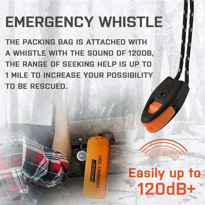 Orange Habicare 2-person emergency shelter made of sturdy SS material, designed for quick setup and protection in emergencies.