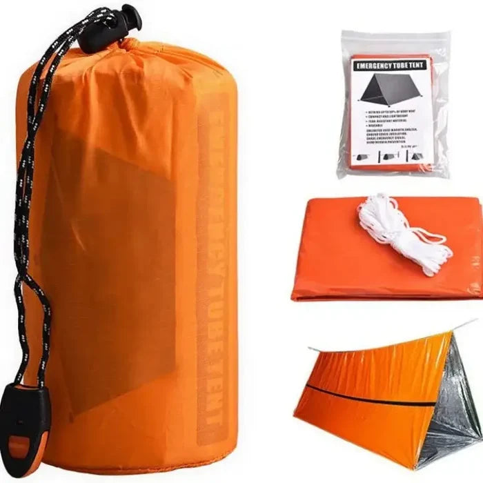 Orange Habicare 2-person emergency shelter made of lightweight SS material, designed for quick shelter in outdoor or emergency situations.