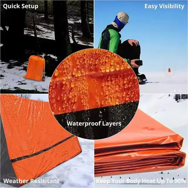Orange Habicare 2-person emergency shelter made of lightweight SS material, designed for outdoor survival and emergency use.