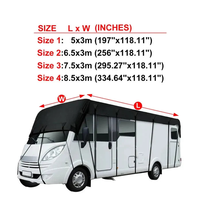 Habicare 210D waterproof RV roof cover tarpaulin sunshade in various sizes, designed to protect RV roofs from weather.