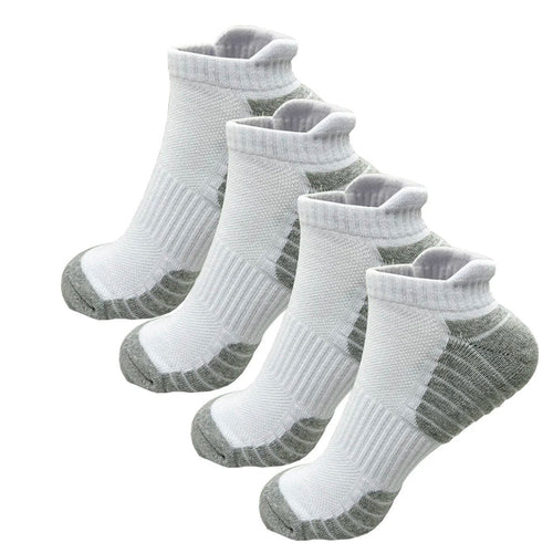 Pair of cushioned cotton ankle socks by Habicare, low-cut athletic sports socks for men and women, shown in black and white.