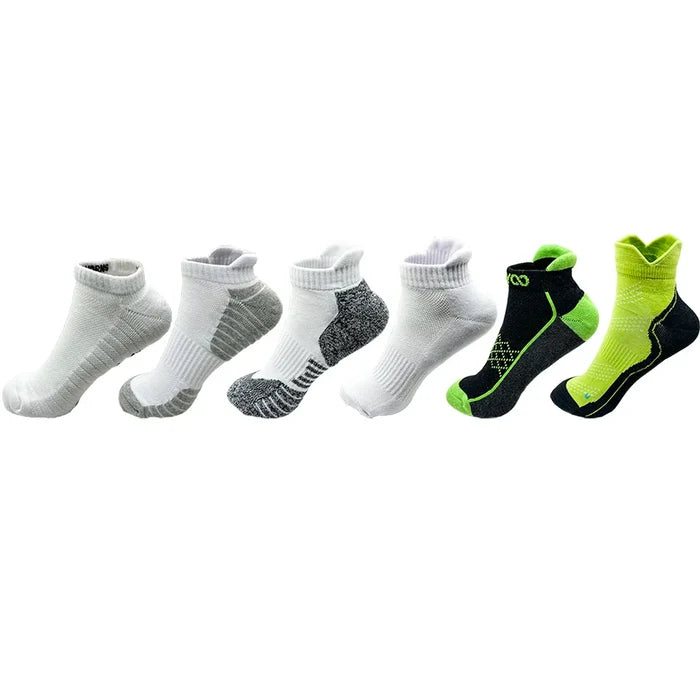 Two pairs of Habicare cushioned cotton ankle socks for men and women, low-cut athletic sports socks, in various colors.