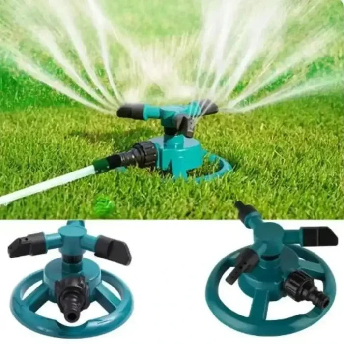 Green Habicare 360° automatic rotating sprinkler with stainless steel base, ideal for lawn watering and garden irrigation.