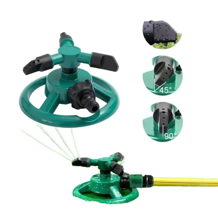 Green Habicare 360° Automatic Rotating Sprinkler with stainless steel components, designed for even water coverage in gardens.