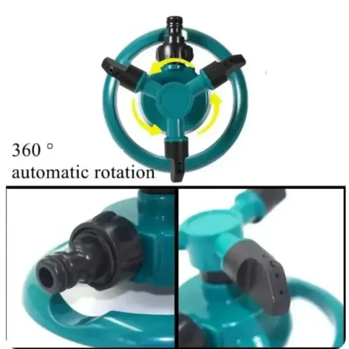 Green Habicare 360° automatic rotating sprinkler with stainless steel construction, providing even lawn watering coverage.