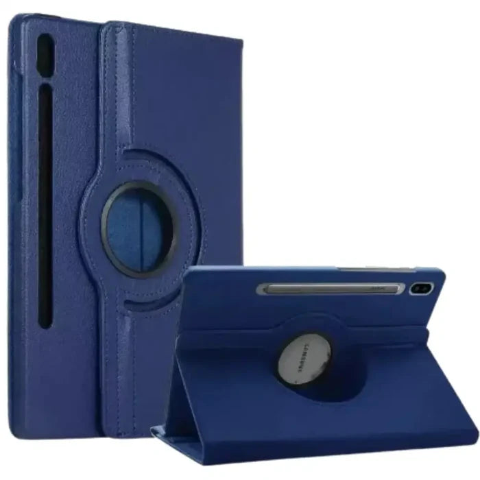 Dark blue 9eight5 Samsung Galaxy Tab 360° rotating case by Habicare, showing the protective cover with rotating stand feature.