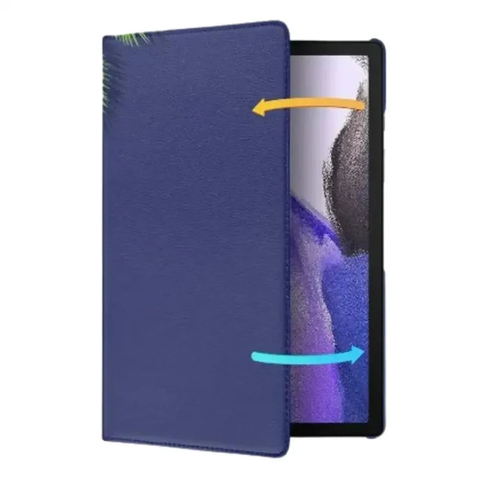 Dark blue 9eight5 Samsung Galaxy Tab 360° rotating case by Habicare, showing the protective cover with rotating stand feature.