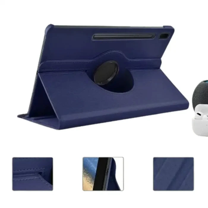 Dark blue 360° rotating case for Samsung Galaxy Tab by 9eight5, designed by Habicare, showing the protective tablet cover.