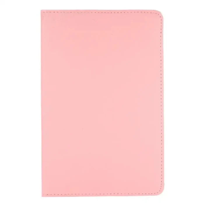 Pink 360° rotating case for Samsung Galaxy Tab by 9eight5, made by Habicare, shown with the rotating stand open and closed.