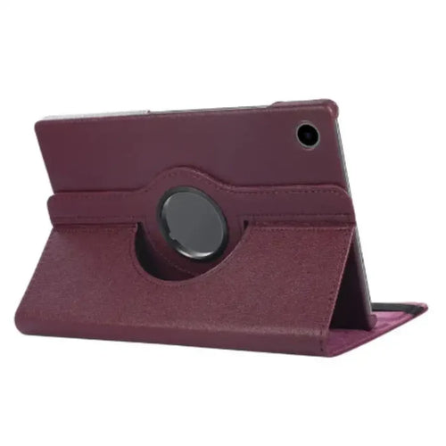 Purple 360° rotating case for Samsung Galaxy Tab by 9eight5, designed by Habicare, showing the adjustable stand and protective cover.