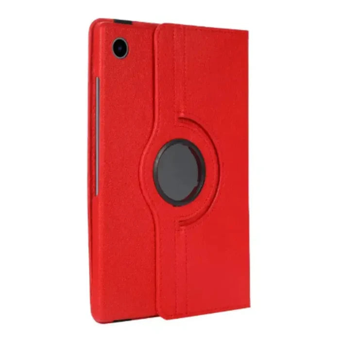 Red 360° rotating case for Samsung Galaxy Tab by 9eight5, made by Habicare, with adjustable viewing angles and protective design.