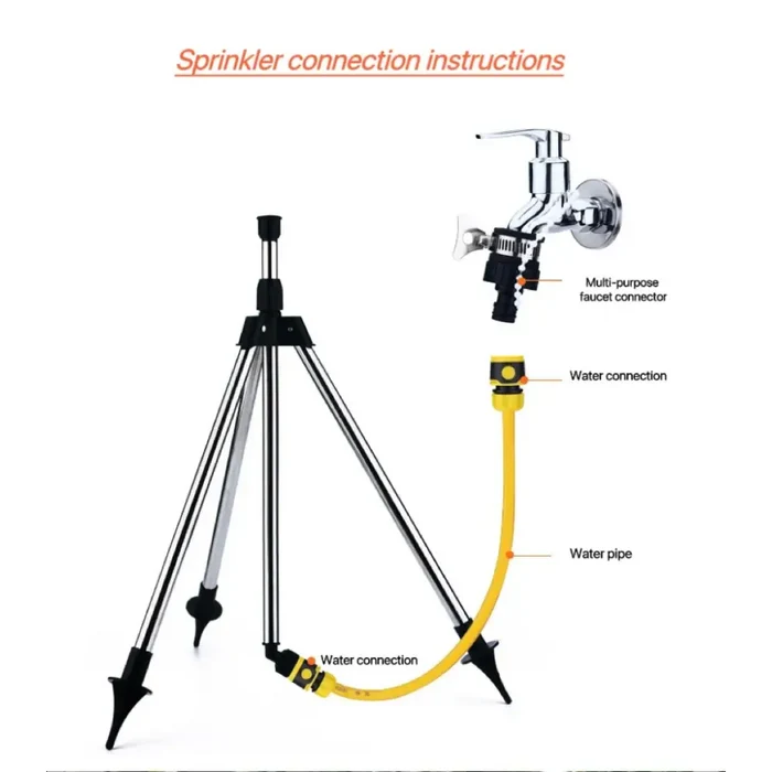 Habicare 360° rotating garden sprinkler with tripod stand, adjustable irrigation system for even watering of lawns and gardens.