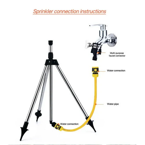 Habicare 360° rotating garden sprinkler with tripod stand, adjustable irrigation system for even watering of lawns and gardens.
