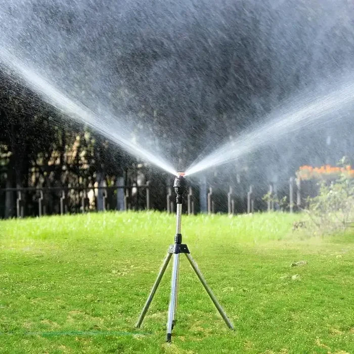 Habicare 360° rotating garden sprinkler with tripod stand, adjustable irrigation for lawn watering and outdoor garden irrigation.