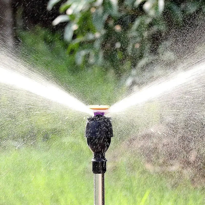 Habicare 360° rotating garden sprinkler on tripod stand, adjustable irrigation system for even water coverage.