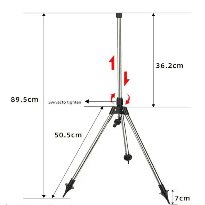 Habicare 360° rotating garden sprinkler with tripod stand, adjustable irrigation for even watering of lawns and gardens.