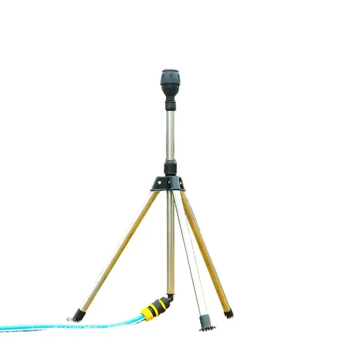 Habicare 360° rotating garden sprinkler with tripod stand, adjustable irrigation coverage for lawn watering.